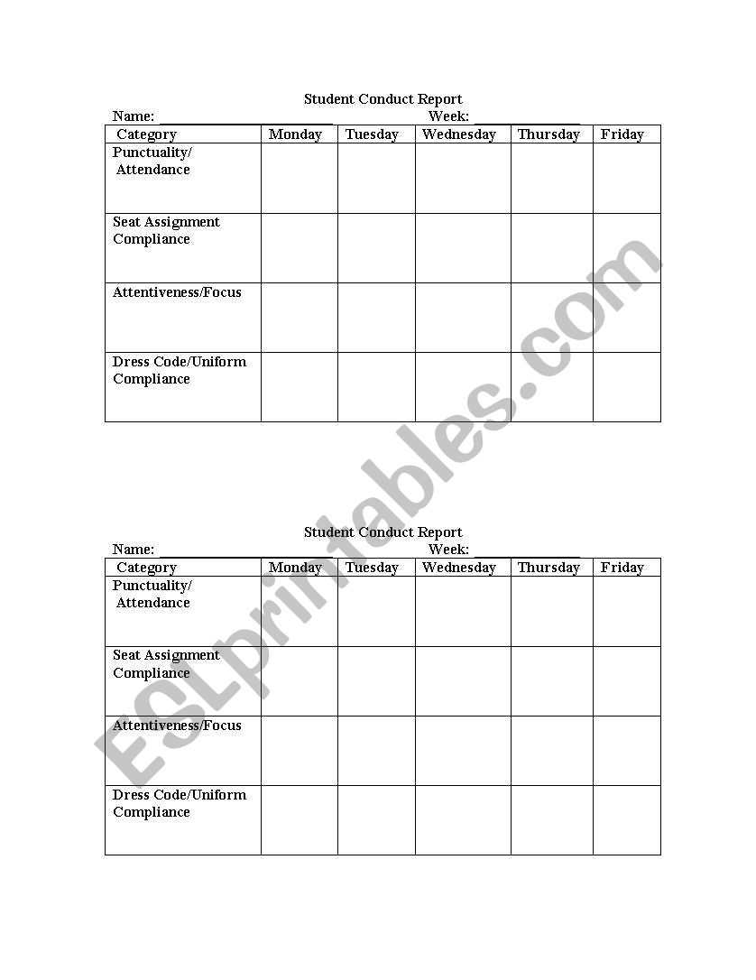 Student Conduct report worksheet