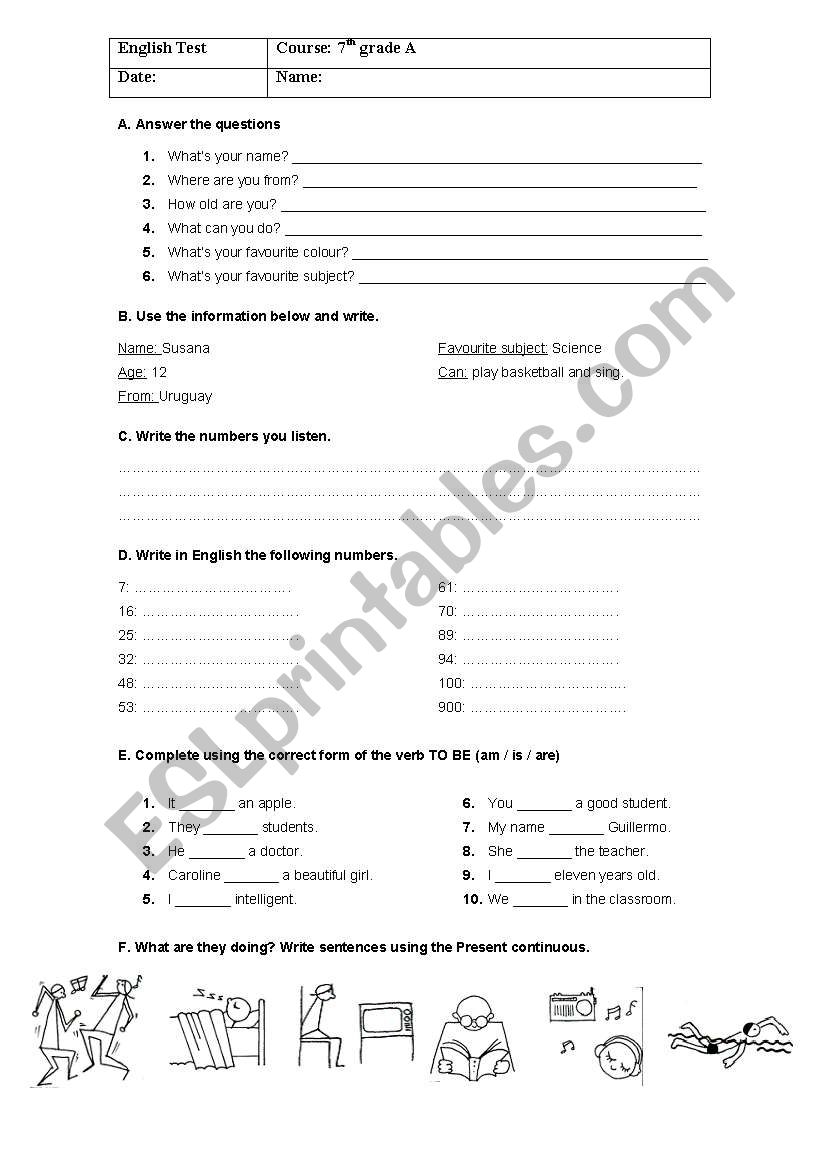 Diagnostic Test 7th grade worksheet