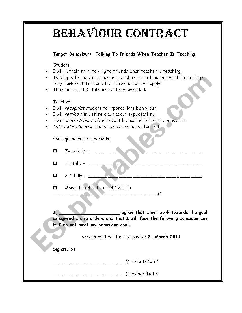 Behavioural Contract worksheet