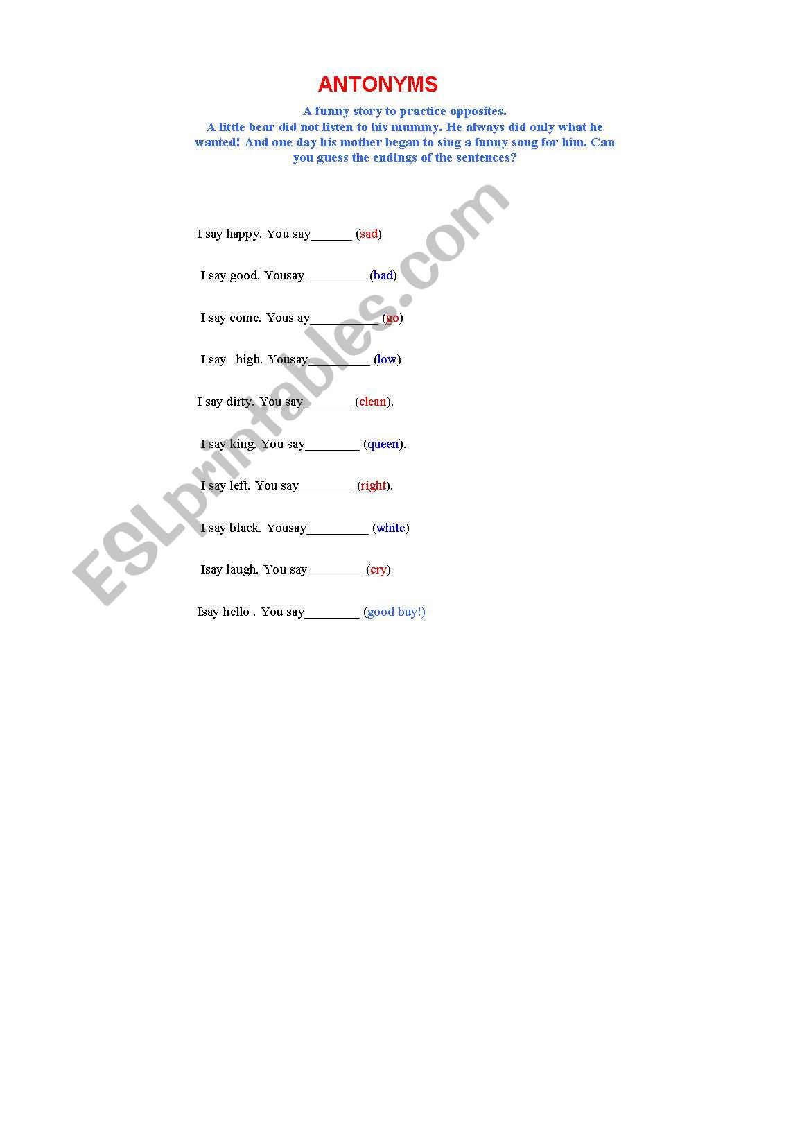 Antonyms worksheet