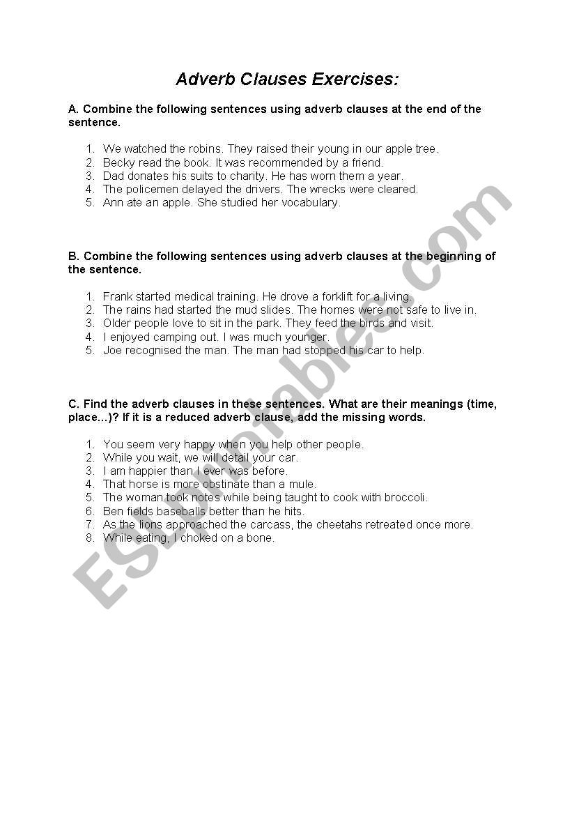 Adverb Clause Exercises worksheet