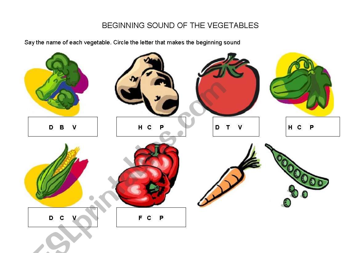 English Worksheets Beginning Sound Of The Vegetables