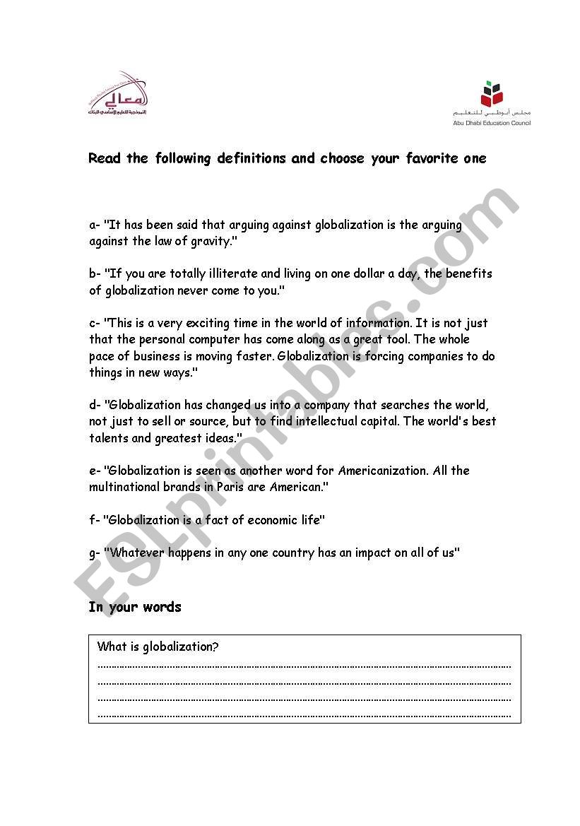 globalizationpart I worksheet