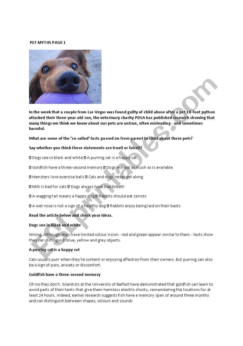 Pet Myths worksheet