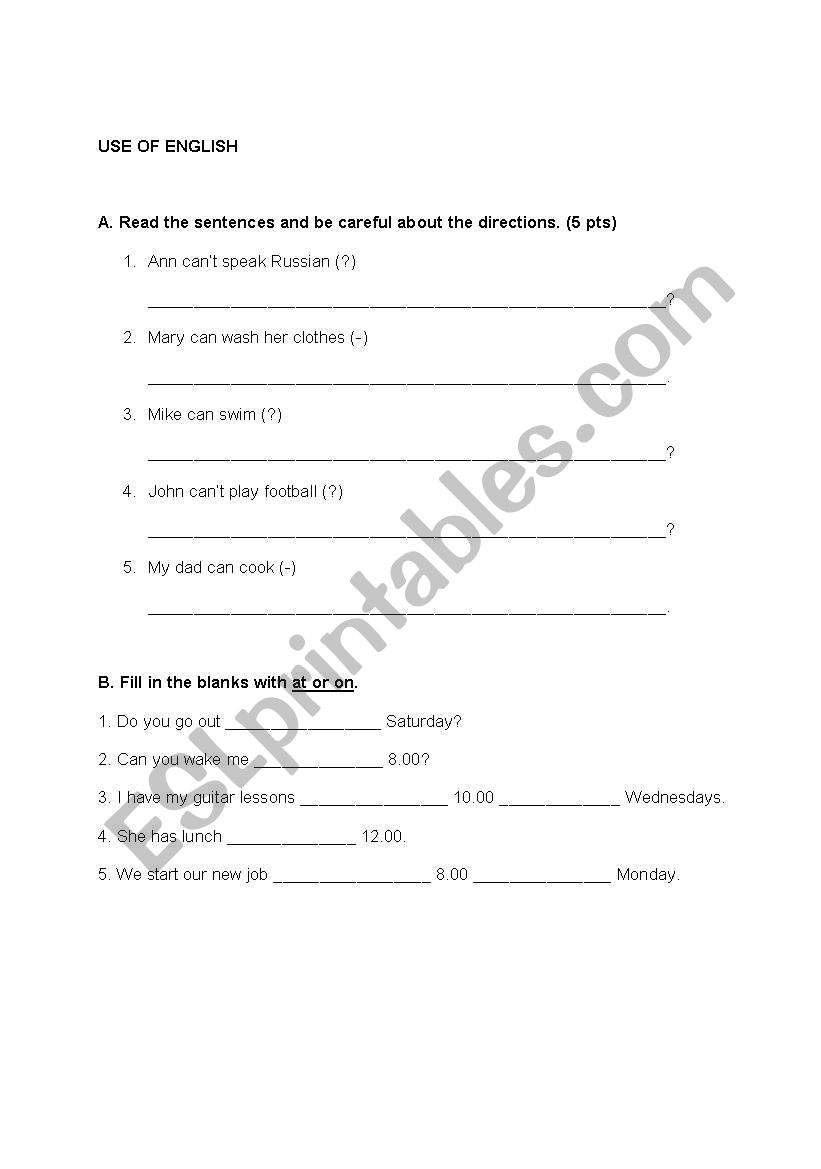 simple present tense, prepositions, can exercises