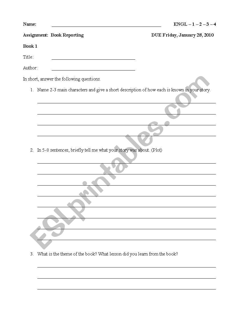 Opinion-Based Book Report worksheet