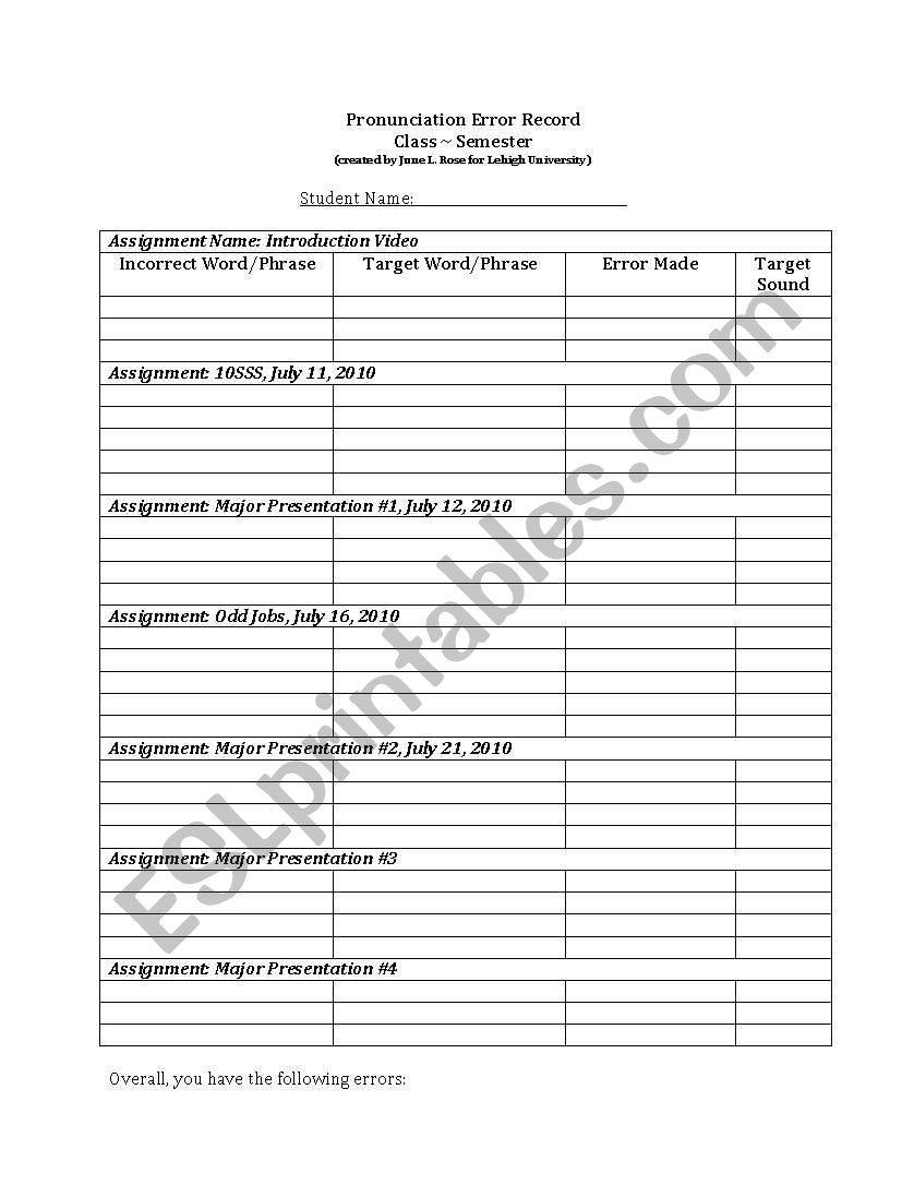 Pronunciation Error Record Template