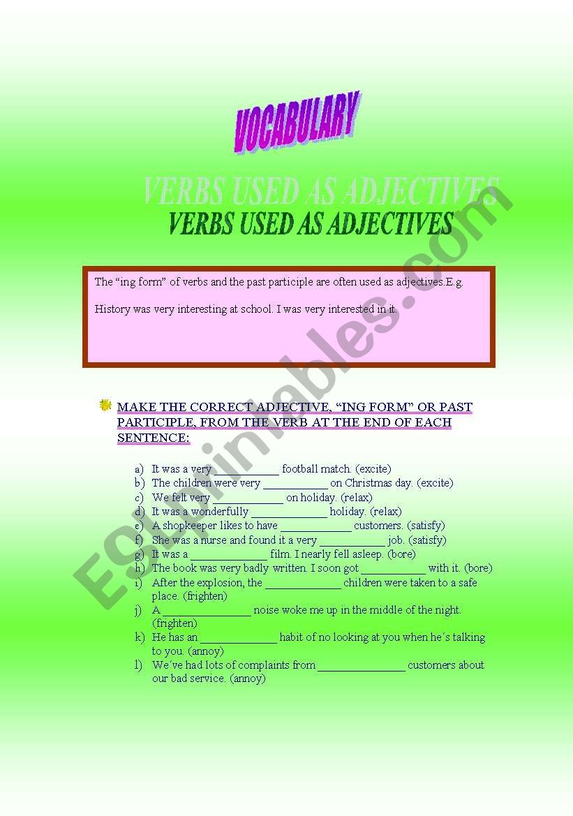 VERBS USED AS ADJECTIVES worksheet