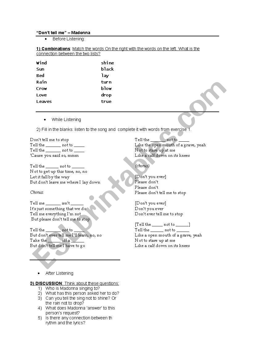 Dont Tell Me - exercises worksheet