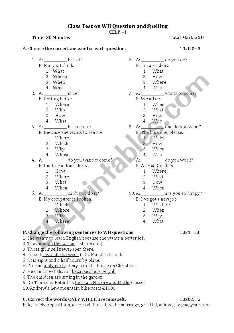 WH Question & Spelling exercises