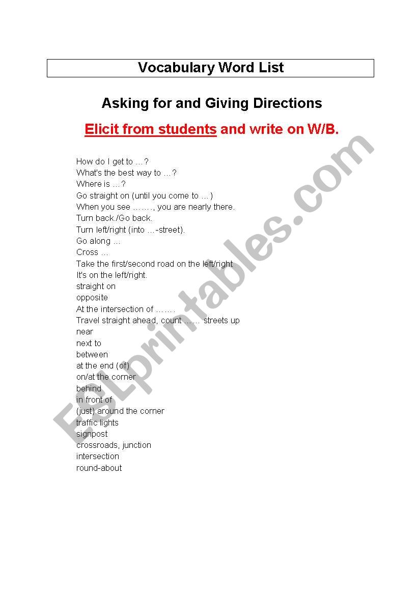 Giving Directions - Vocabulary Word List