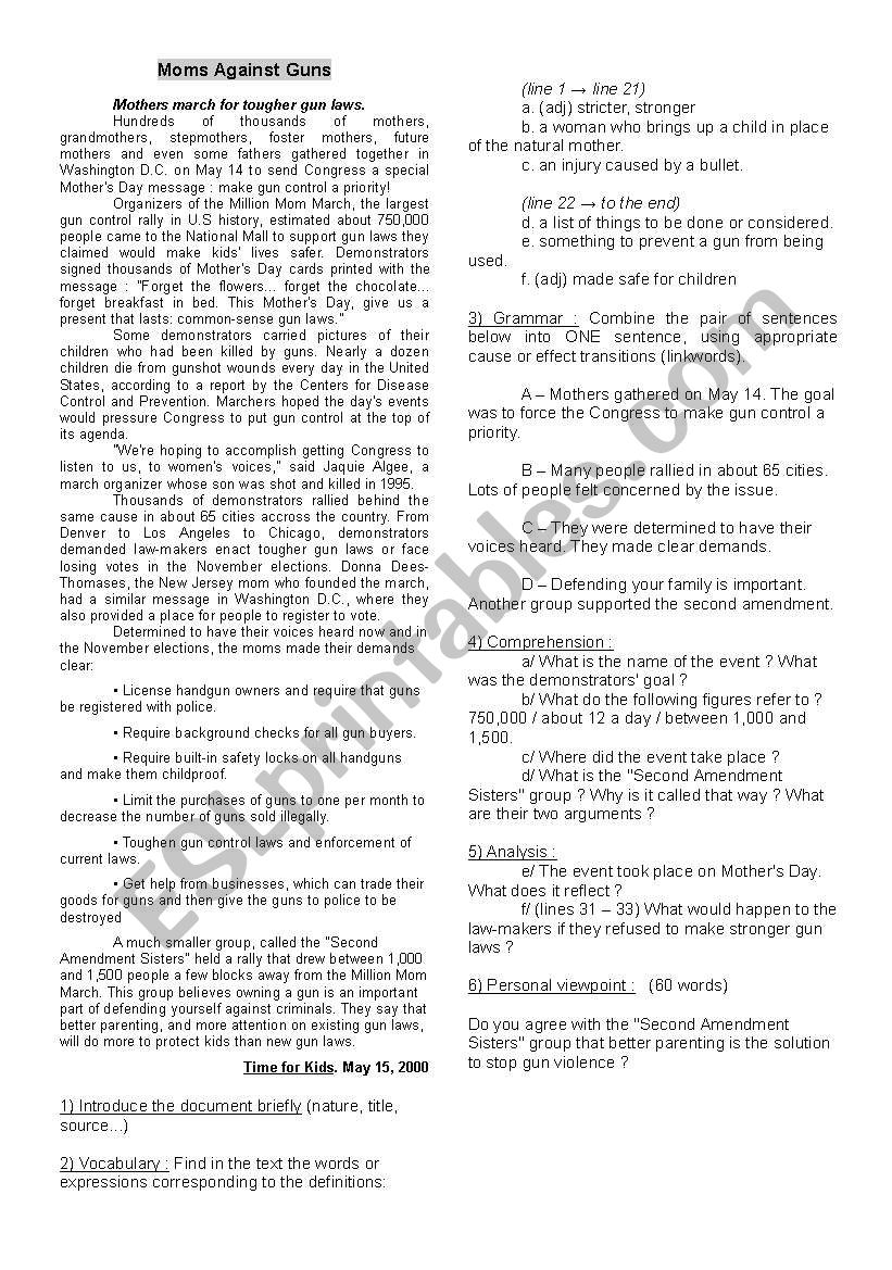 Moms against Guns worksheet