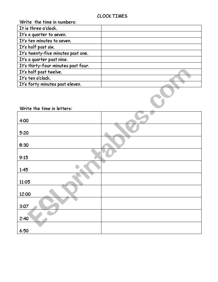 Clock times worksheet