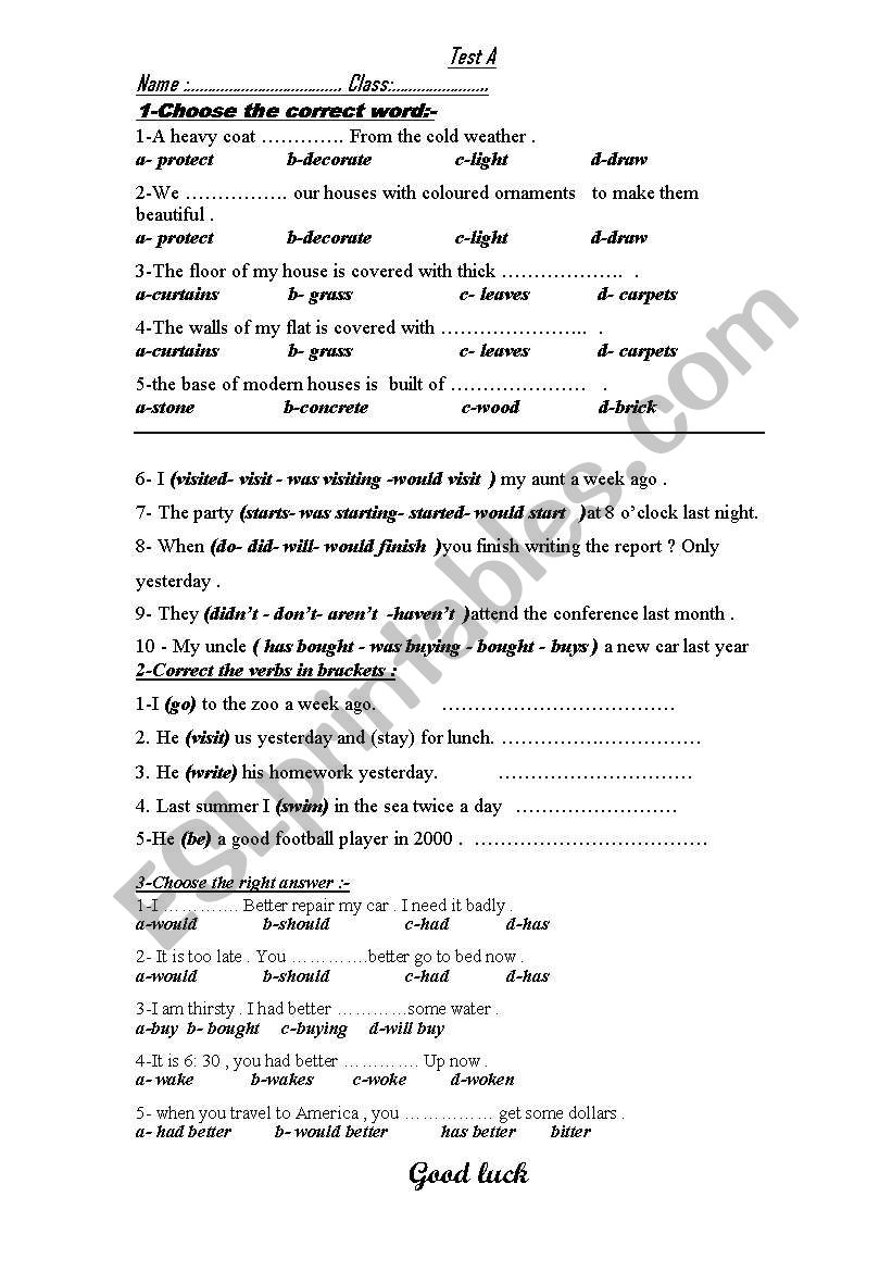 test worksheet