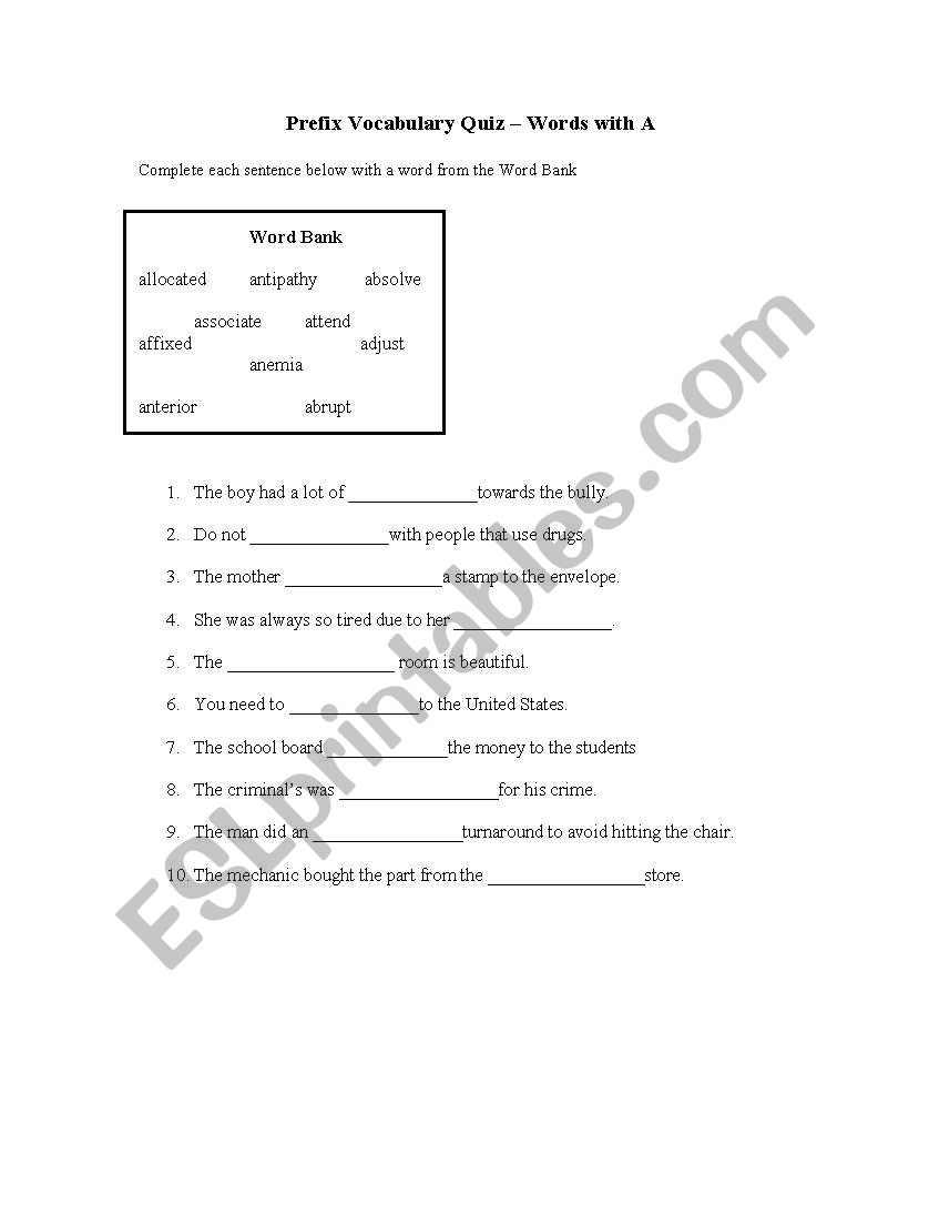 Prefixes with A worksheet