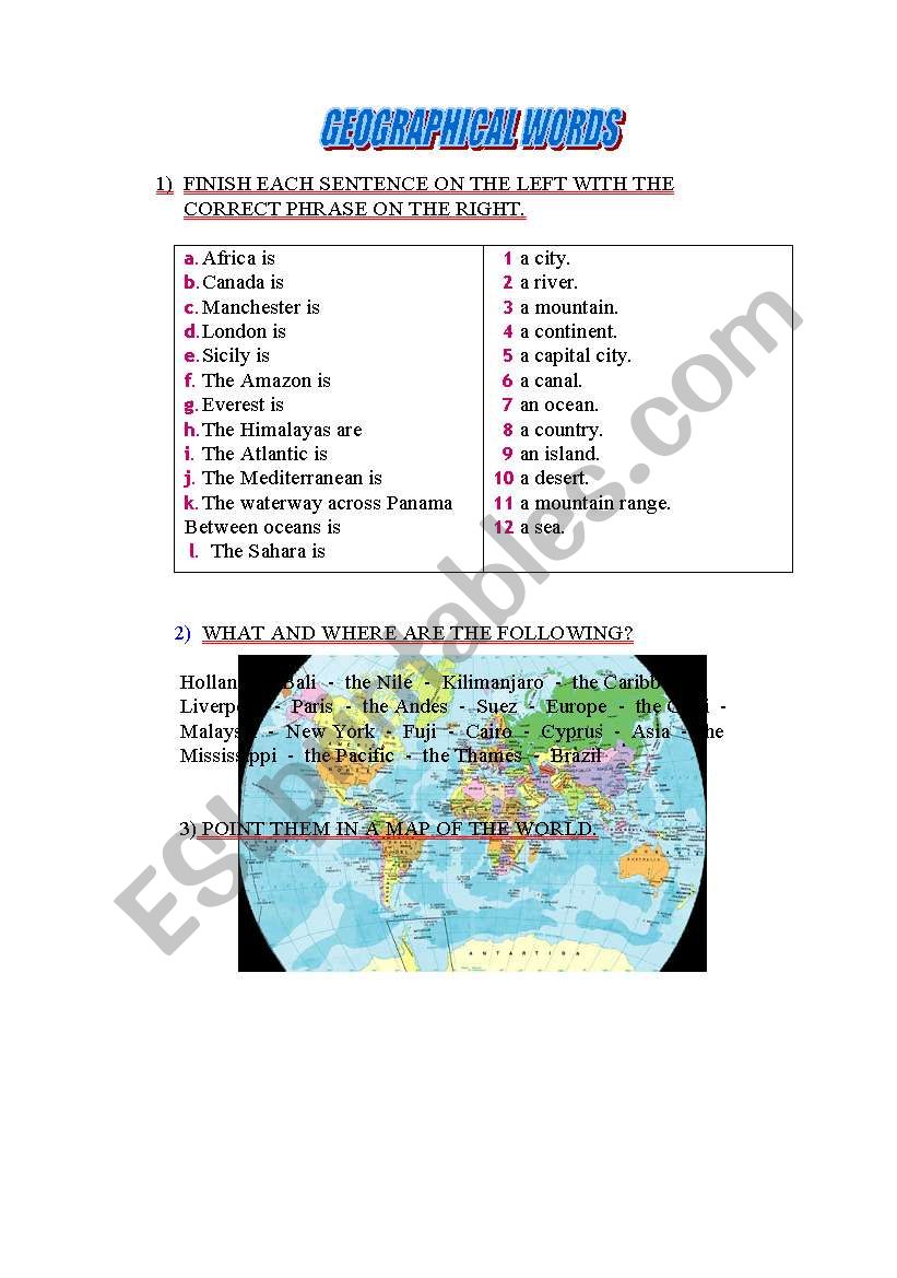 GEOGRAPHICAL WORDS worksheet