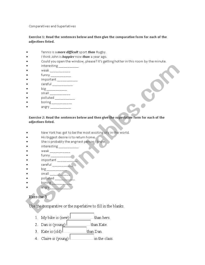 Comparative and Superlative worksheet