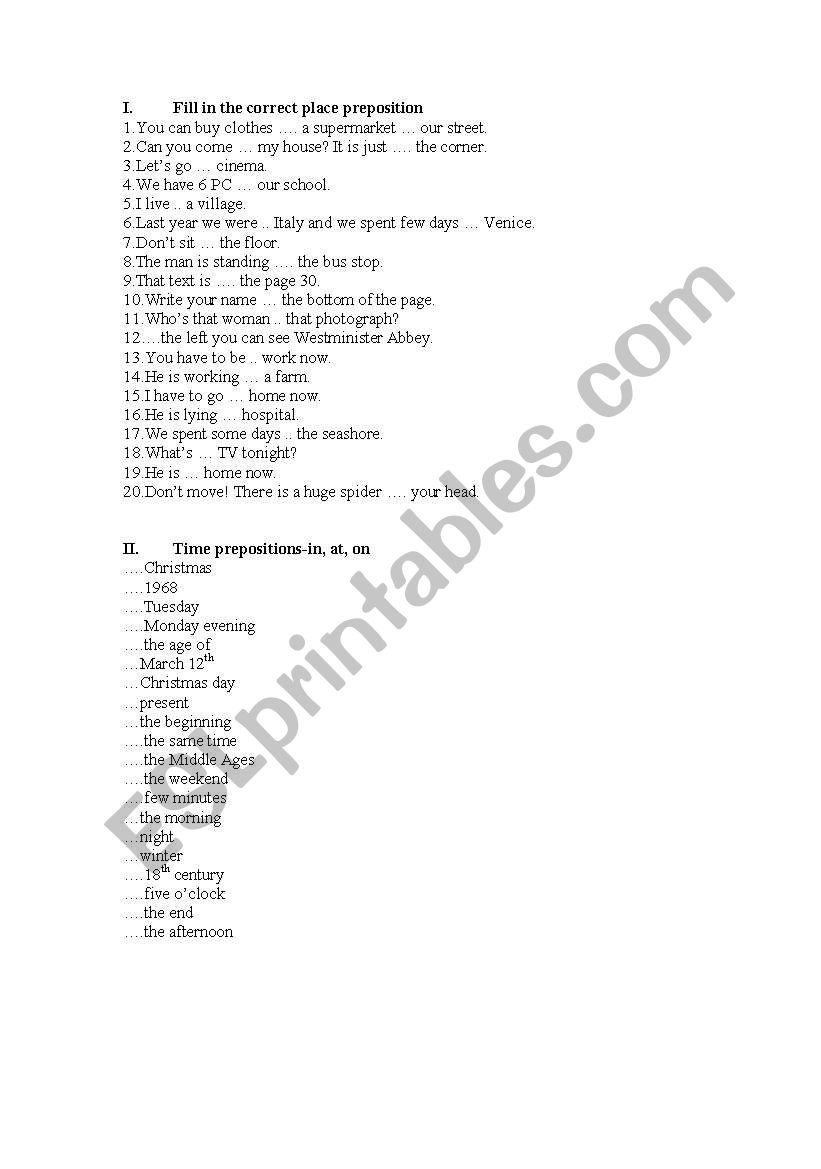 Prepositions worksheet