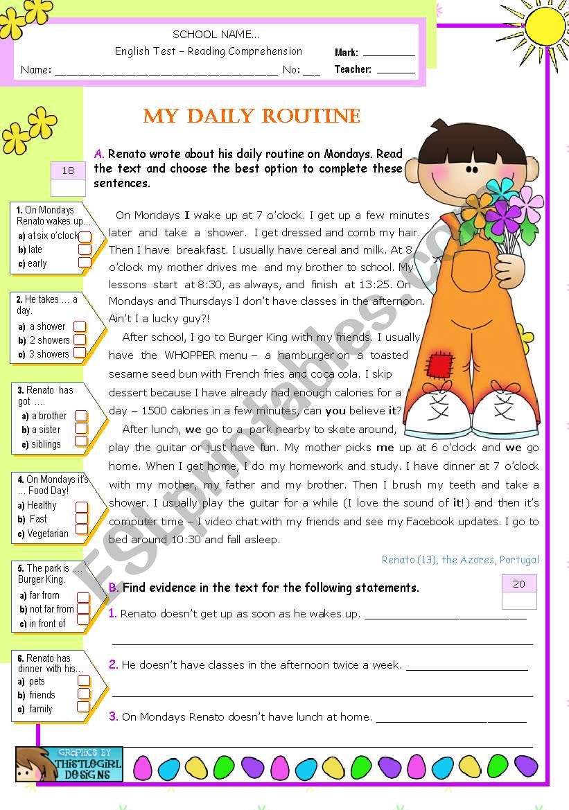 Renato´s Daily Routine - Reading Test - ESL worksheet by mena22