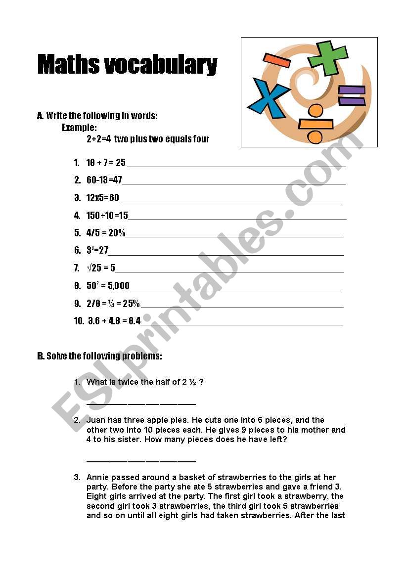 Maths vocabulary worksheet