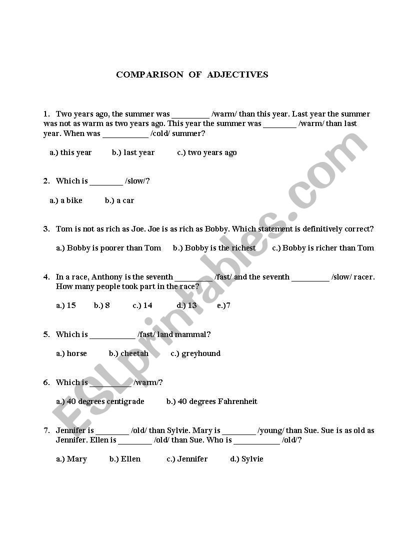 English Worksheets Comparison Of Adjectives