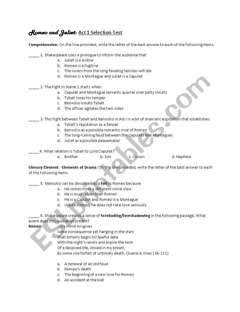 Romeo and Juliet Act I Selection Test/Review