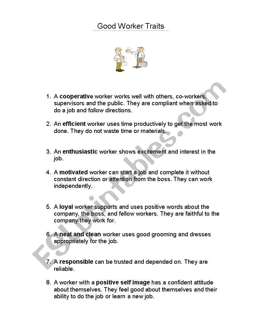 Good worker traits worksheet