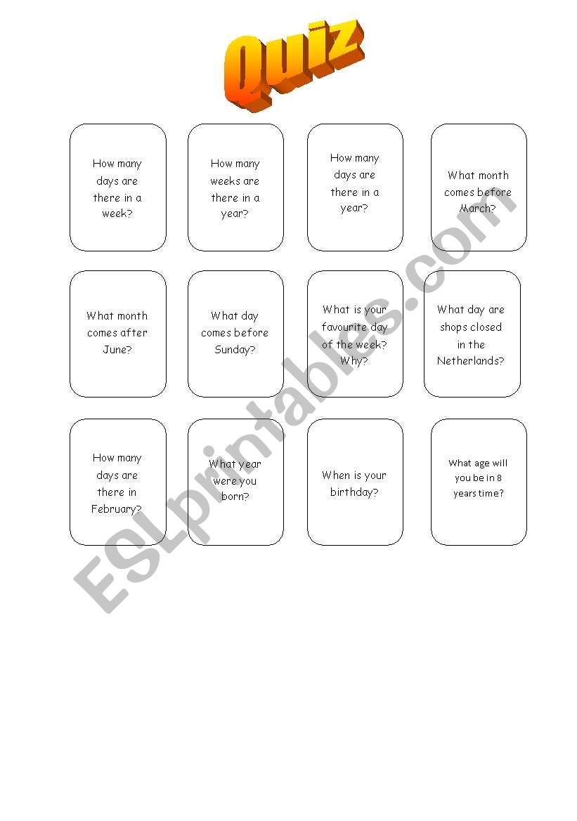 Days/Months quiz & flashcards *2 pages*