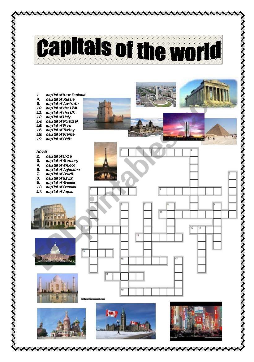 Capitals Of The World Crossword ESL Worksheet By Kinho