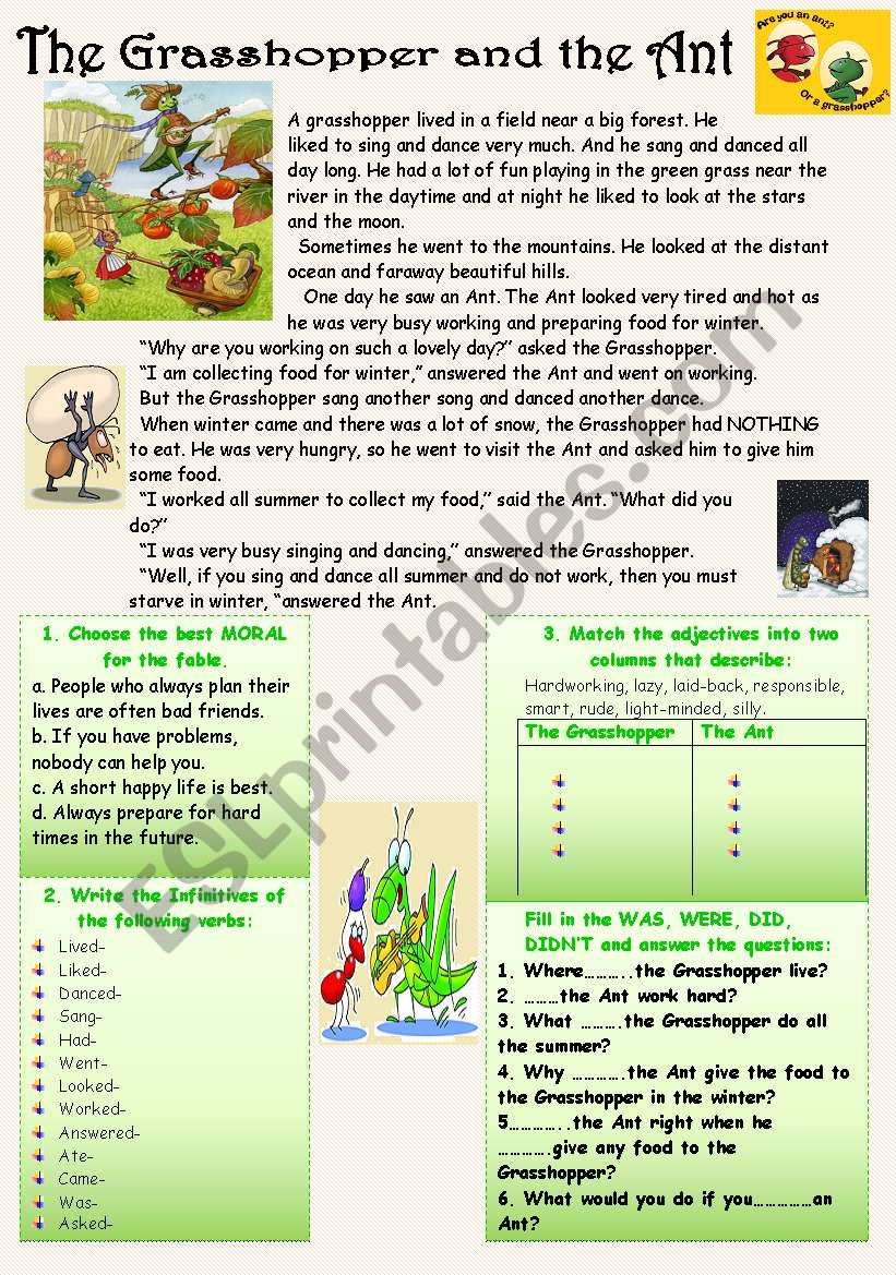 Reading-comprehension with moral. THE GRASSHOPPER AND THE ANT.