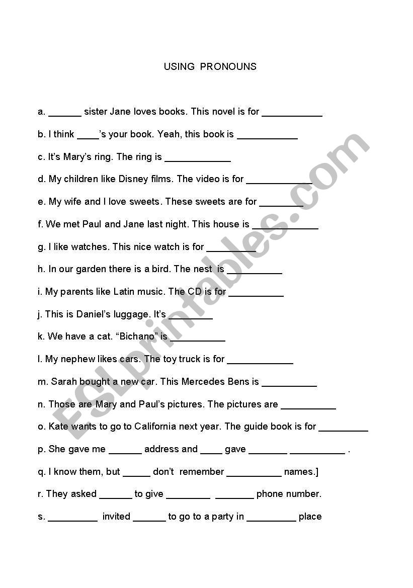 USING PRONOUMS worksheet