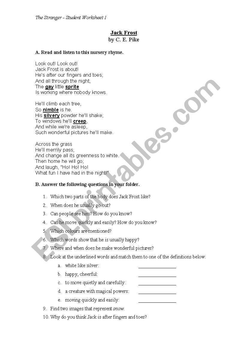 Jack Frost worksheet