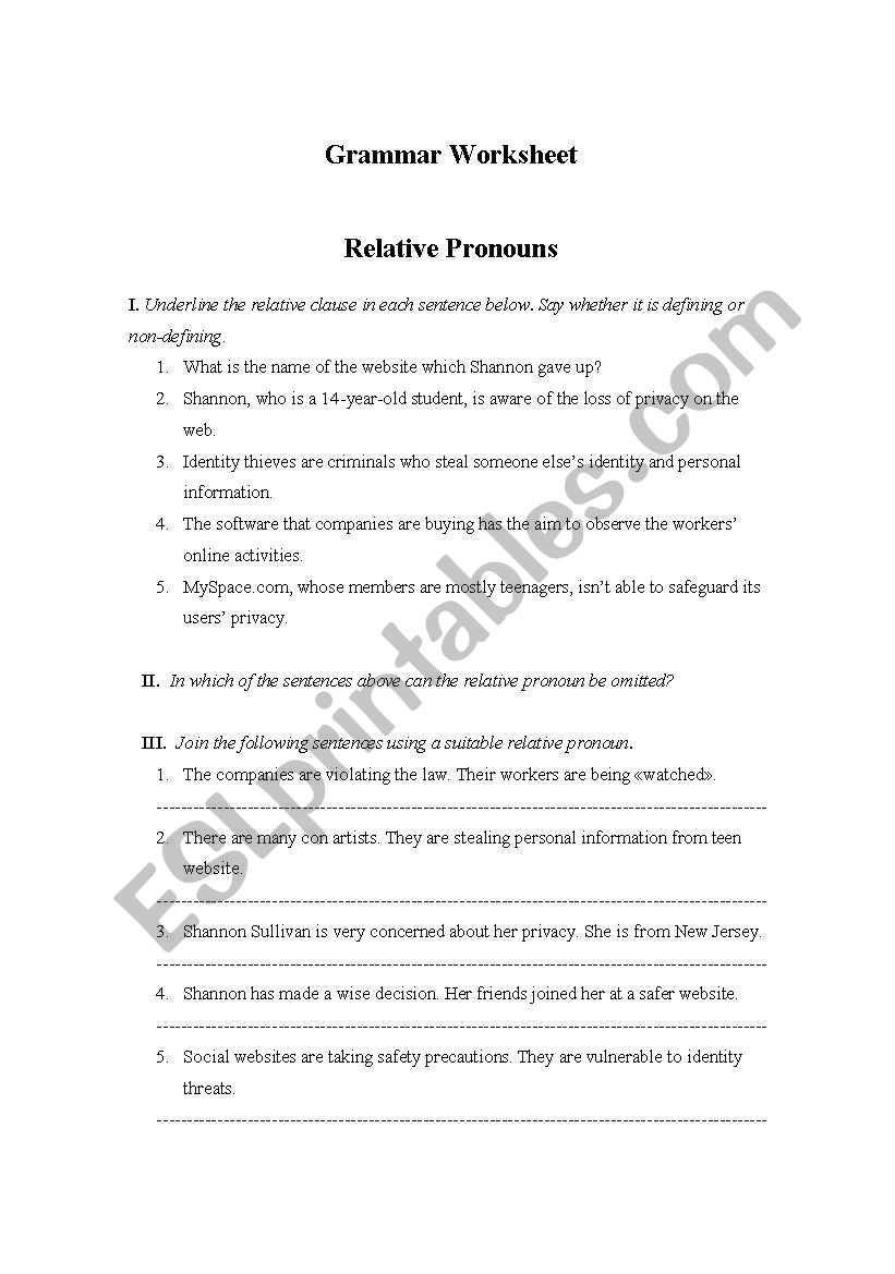 Worksheet Relative Pronouns worksheet