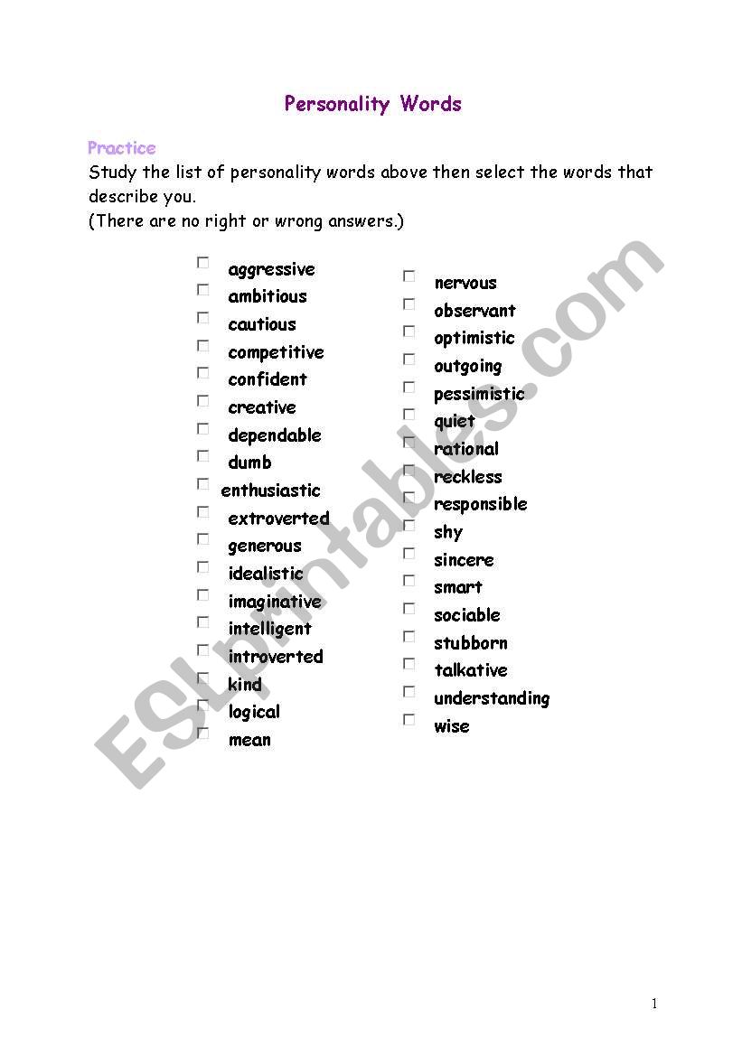 personality vocabulary worksheet
