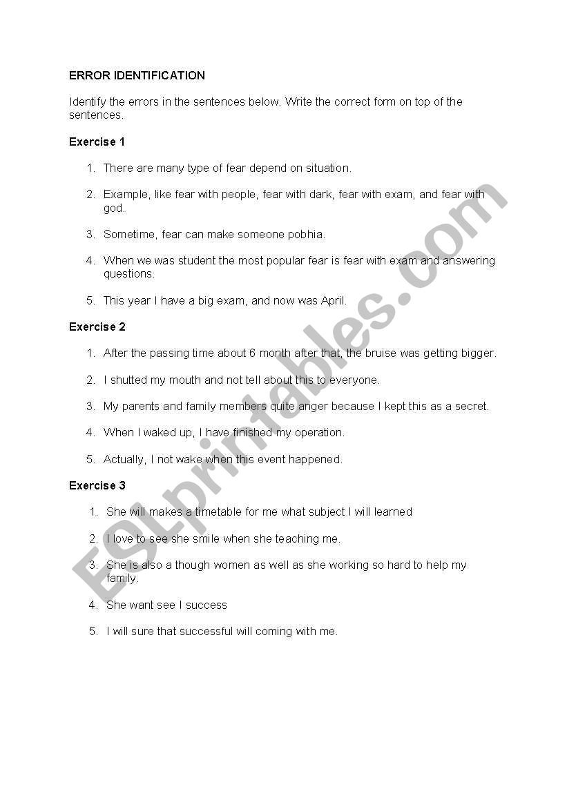 error identification worksheet