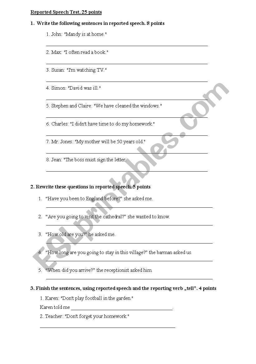 Reported speech test worksheet