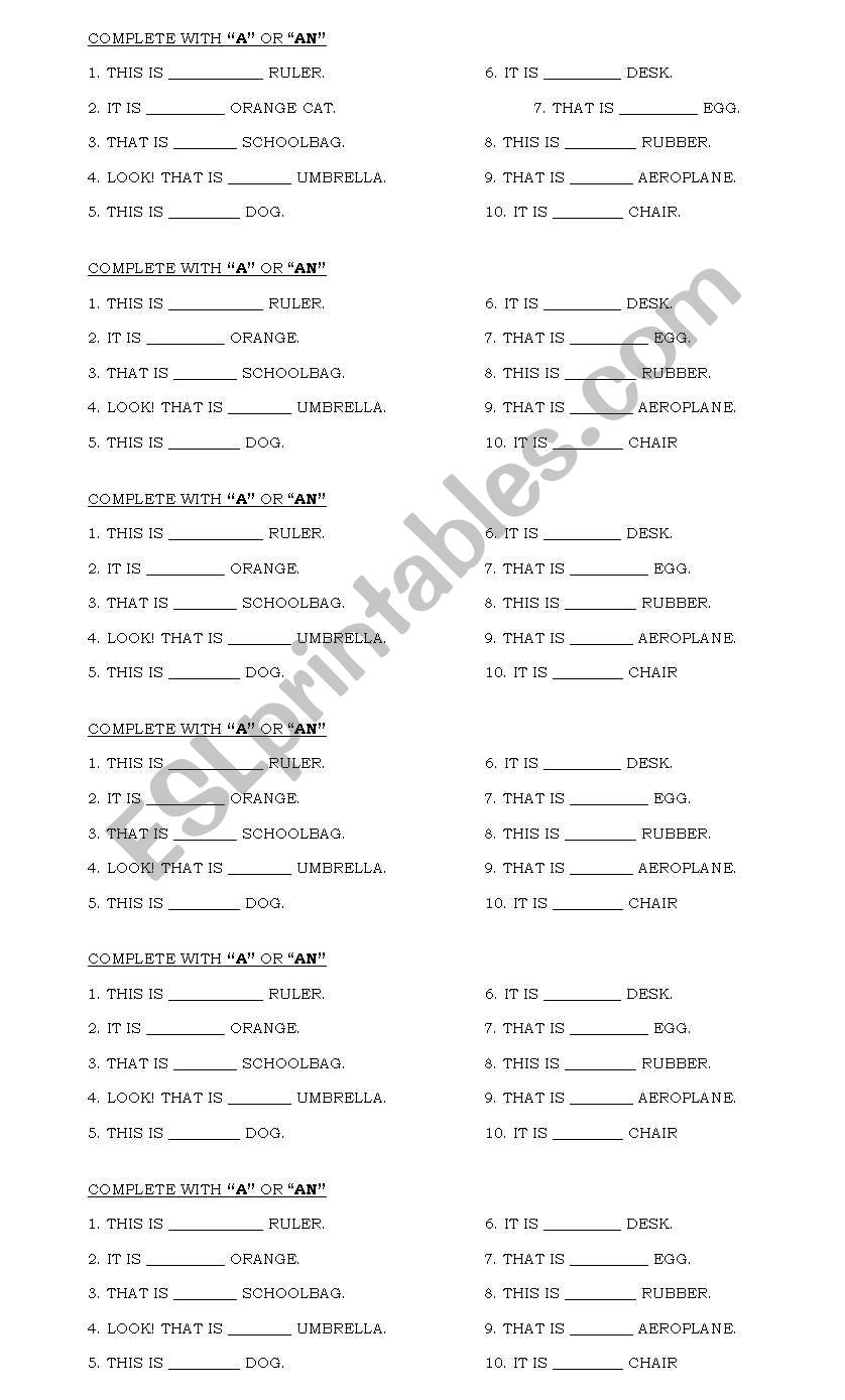 A-an exercise  worksheet