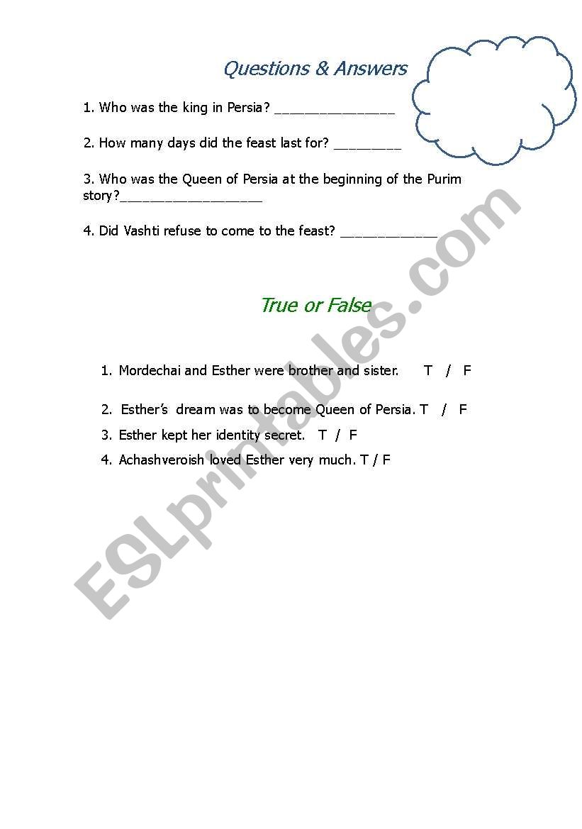 Purim Vocabulary Worksheet worksheet