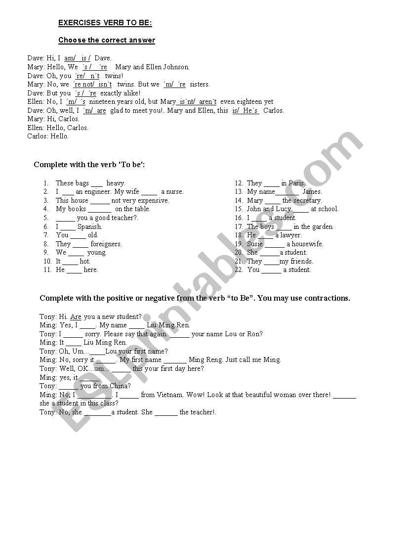 Verb -to be worksheet