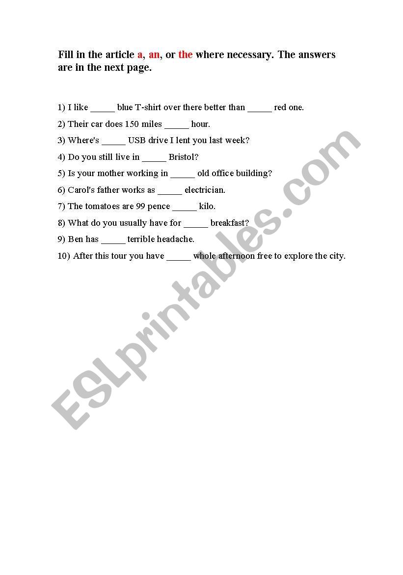 Article Exercises worksheet