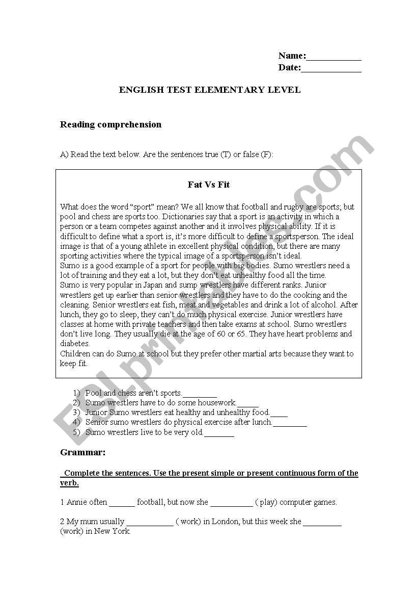 elementary test worksheet