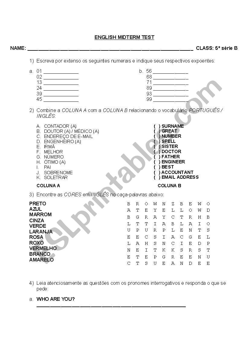 English Midterm Test worksheet