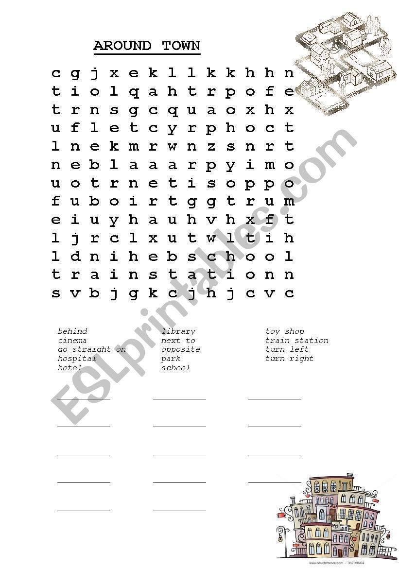 Town wordsearch worksheet