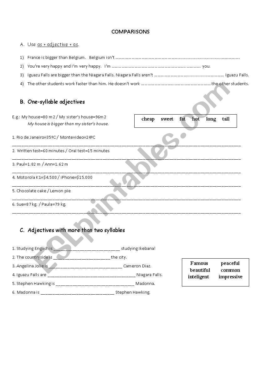 Comparisons worksheet