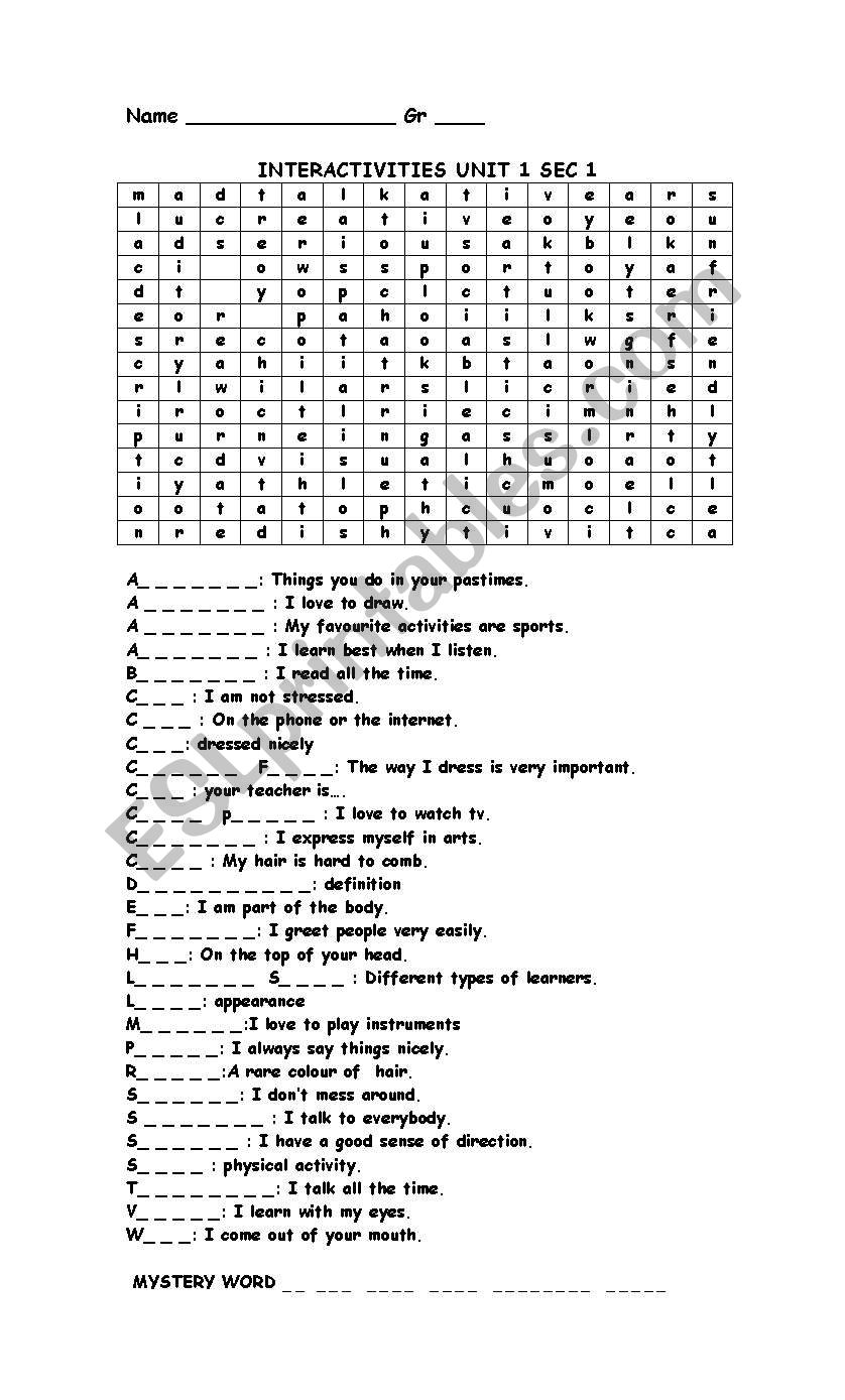 INTERACTIVITIES UNIT 1 worksheet