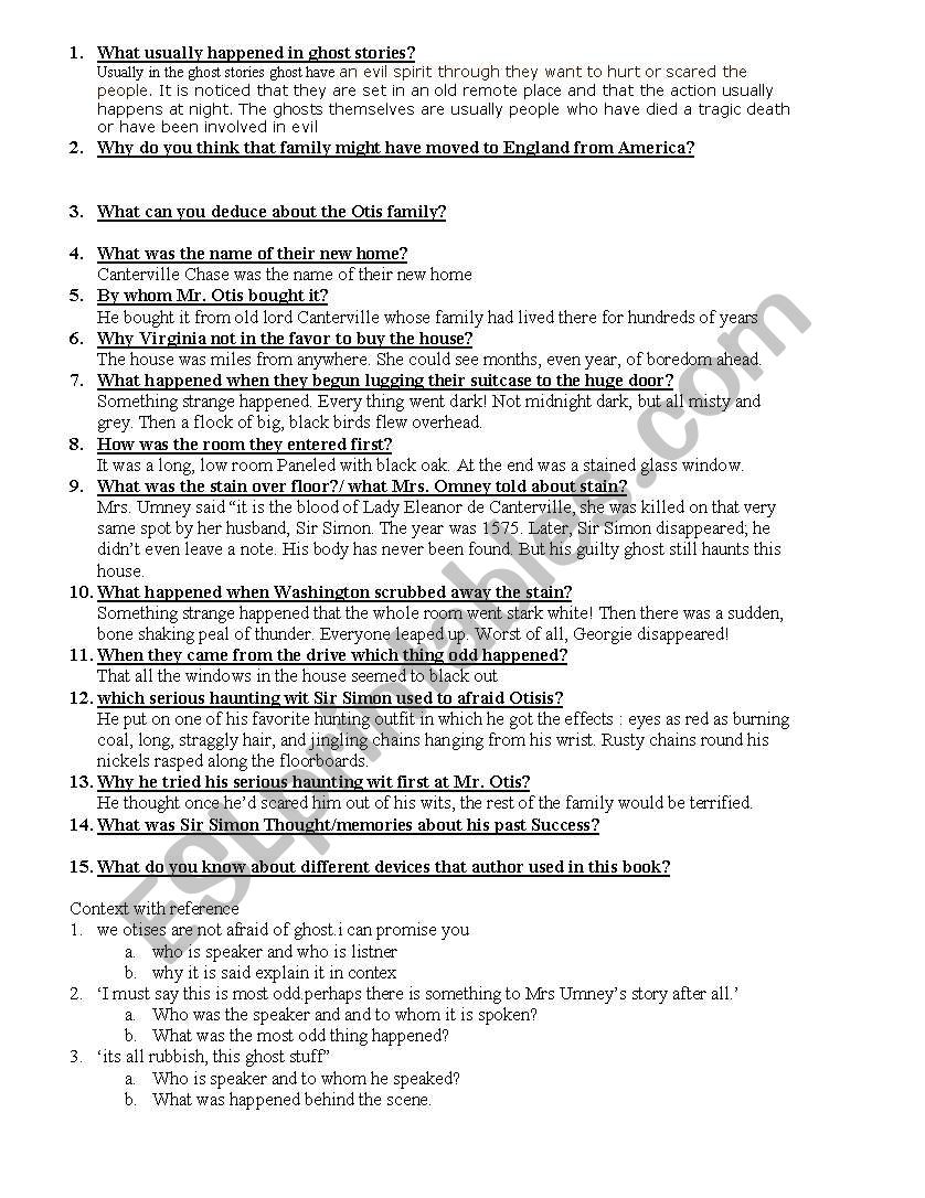 Cantervelle the ghost worksheet