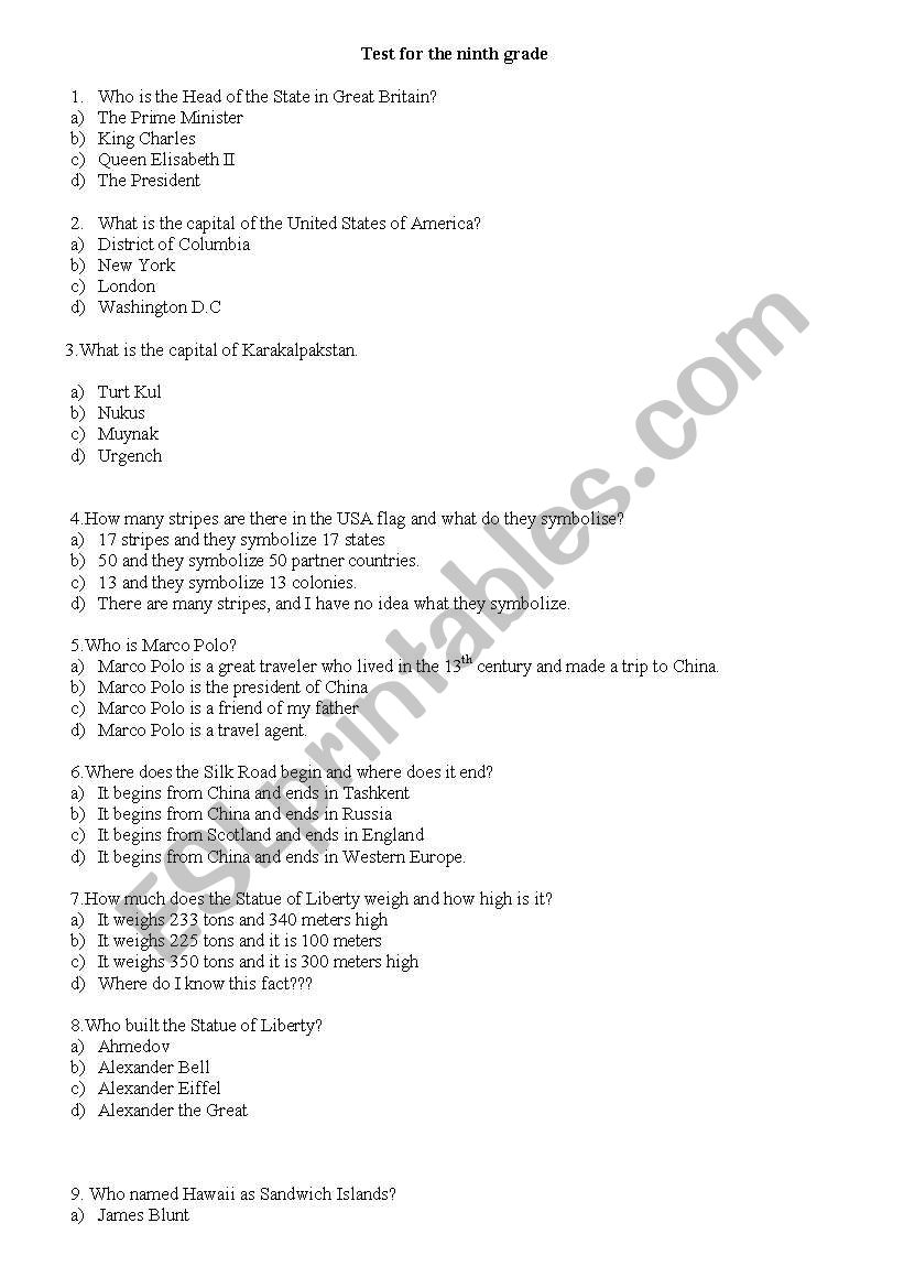 Test for kids worksheet