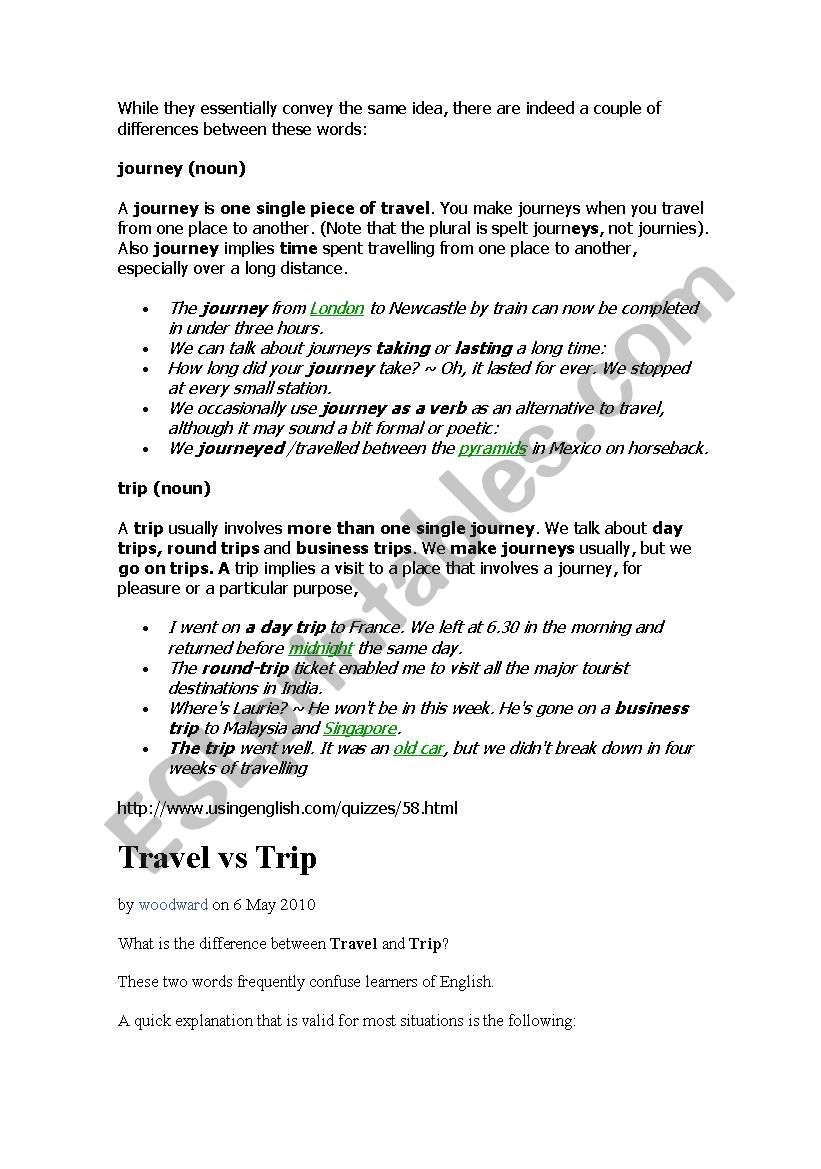 TRIP VS TRAVEL VS JOURNEY worksheet