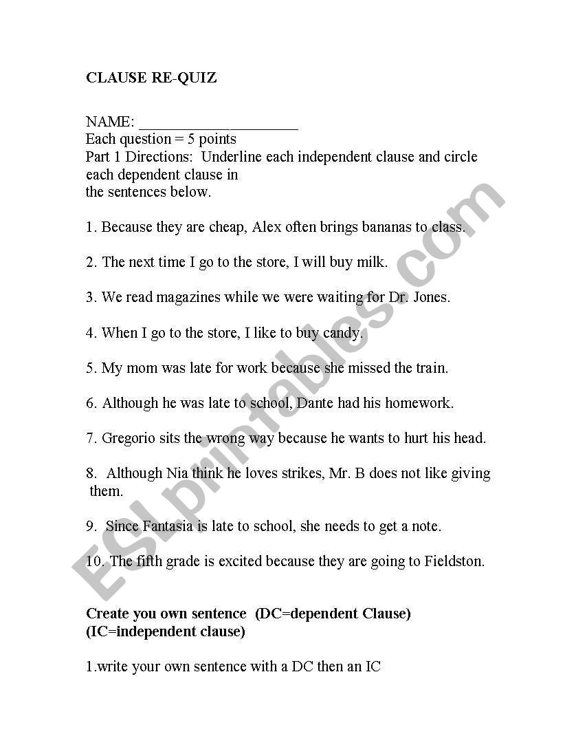 English worksheets: Clauses