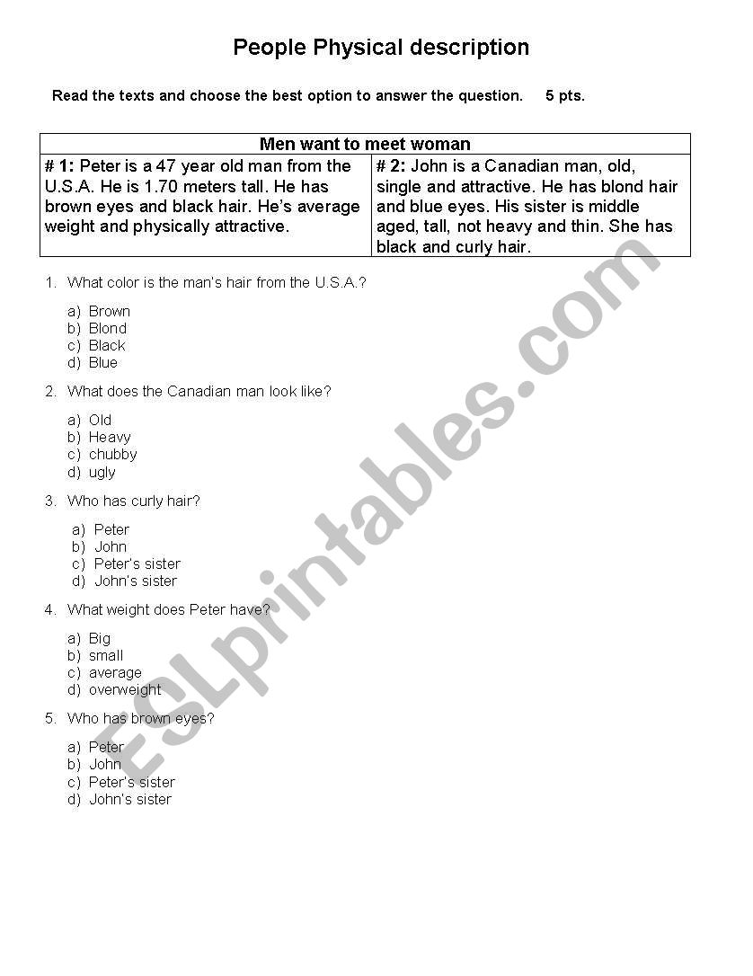 People physical description worksheet